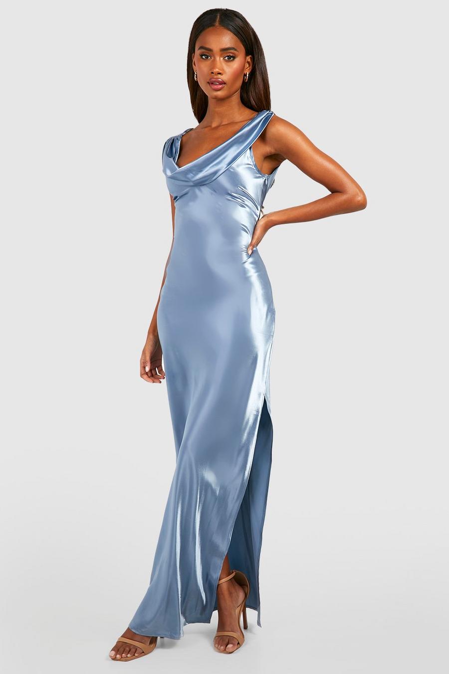 Blue Bridesmaid Satin Cowl Neck Slip Dress