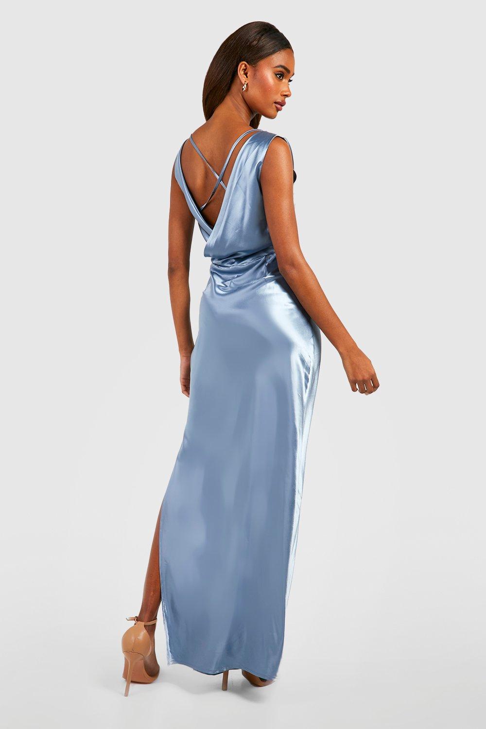 Cowl back store satin slip dress