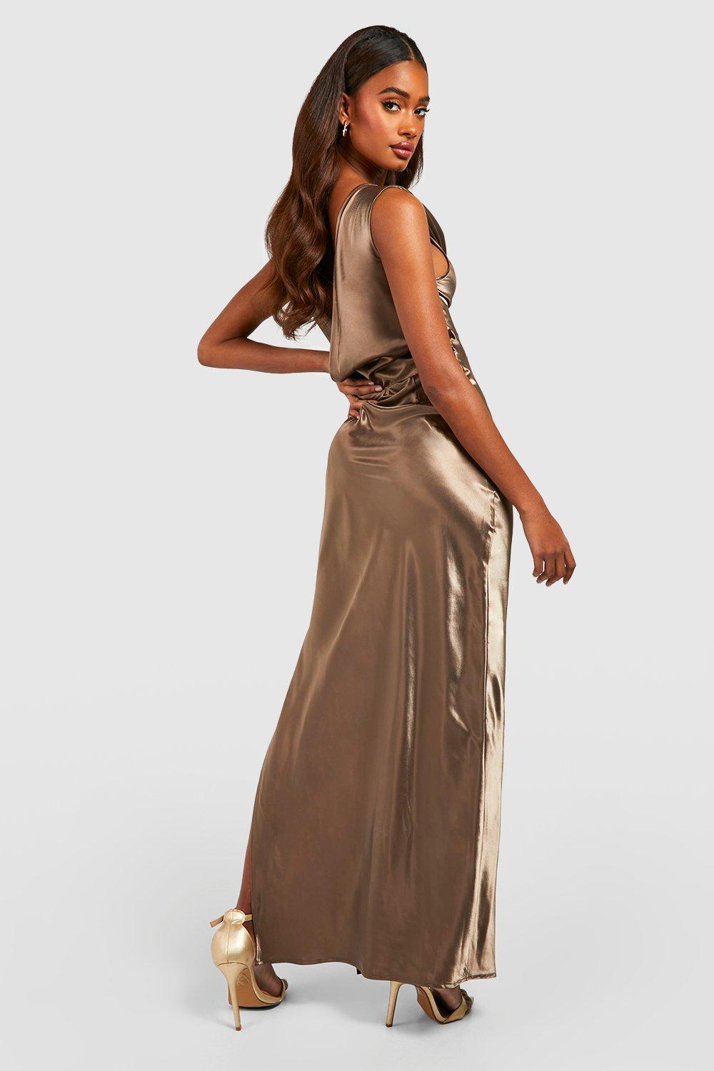 Brown Satin Maxi Slip Dress, Bridesmaid Dress, Satin Maxi Slip