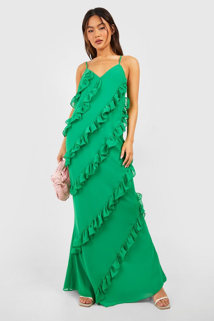 Bright green Långklänning i chiffong med volanger image number 1
