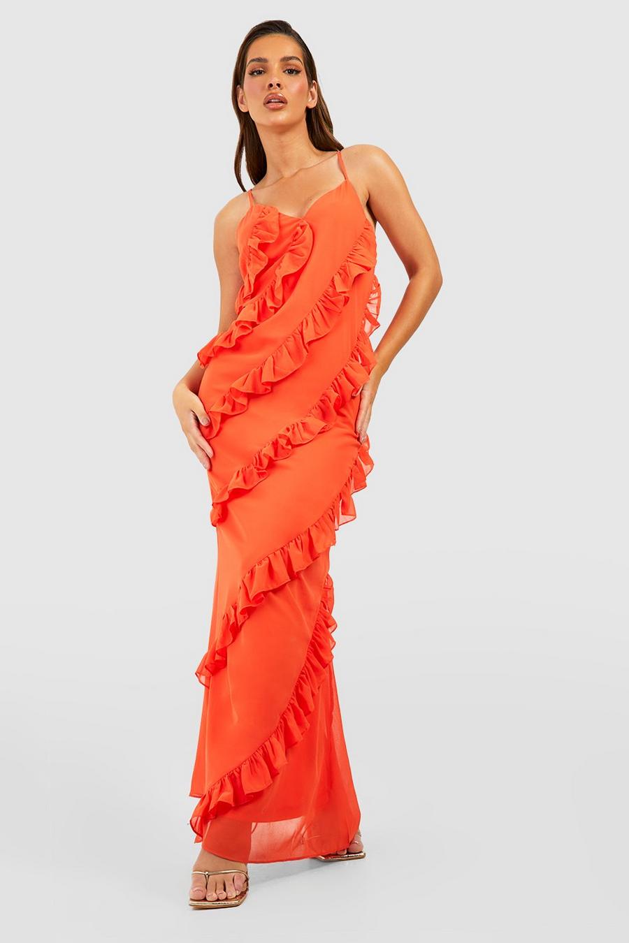 Orange Chiffon Ruffle Detail Maxi Dress
