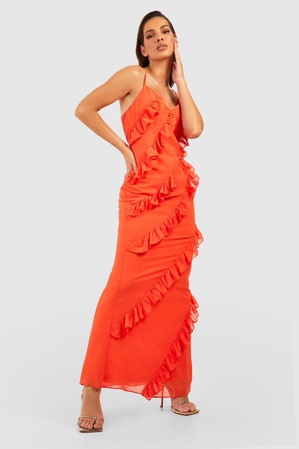 Bandeau Ruffle Detail Maxi Dress in Red