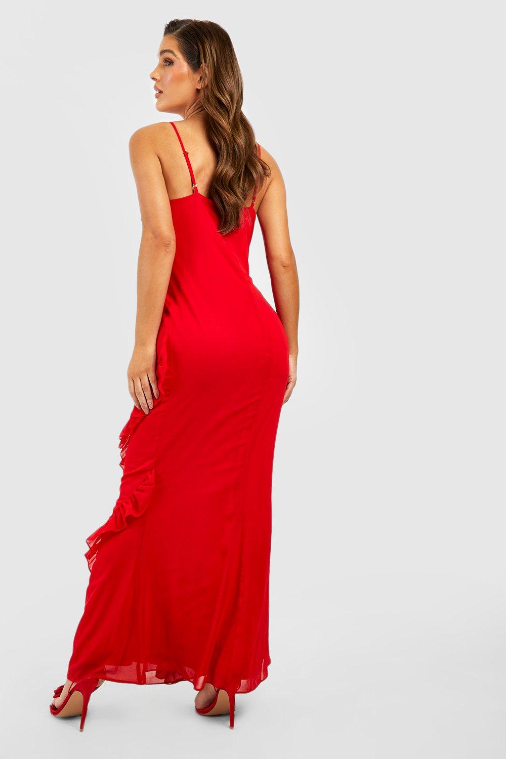 boohoo Chiffon Ruffle Trim Maxi Dress - Red - Size 8