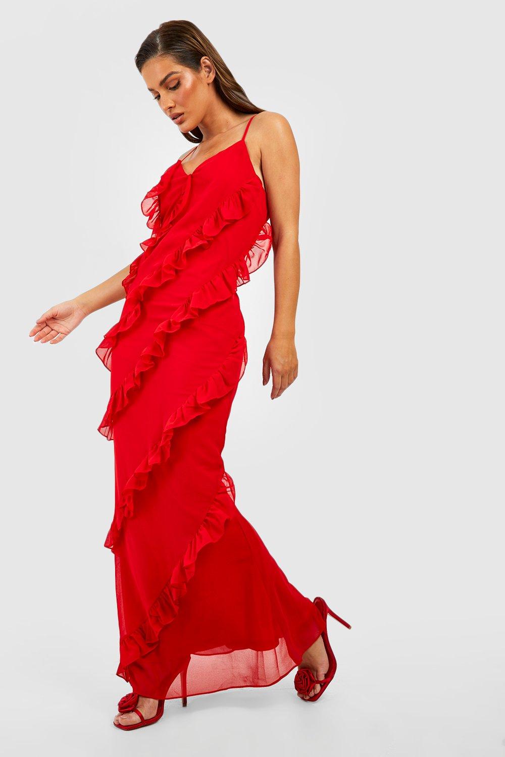 boohoo Chiffon Ruffle Trim Maxi Dress - Red - Size 8