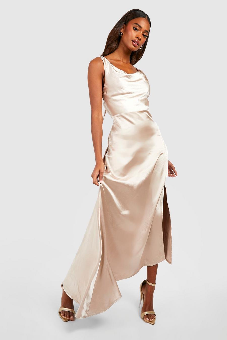 Champagne beige Bridesmaid Satin Asymmetric Hem Maxi Dress
