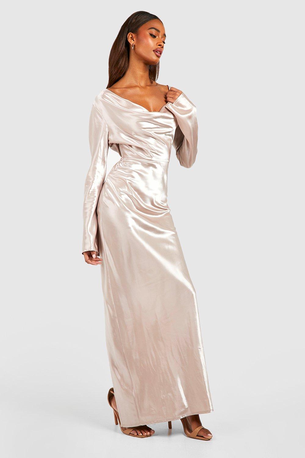 Bridesmaid Cowl Neck Long Sleeve Maxi Dress