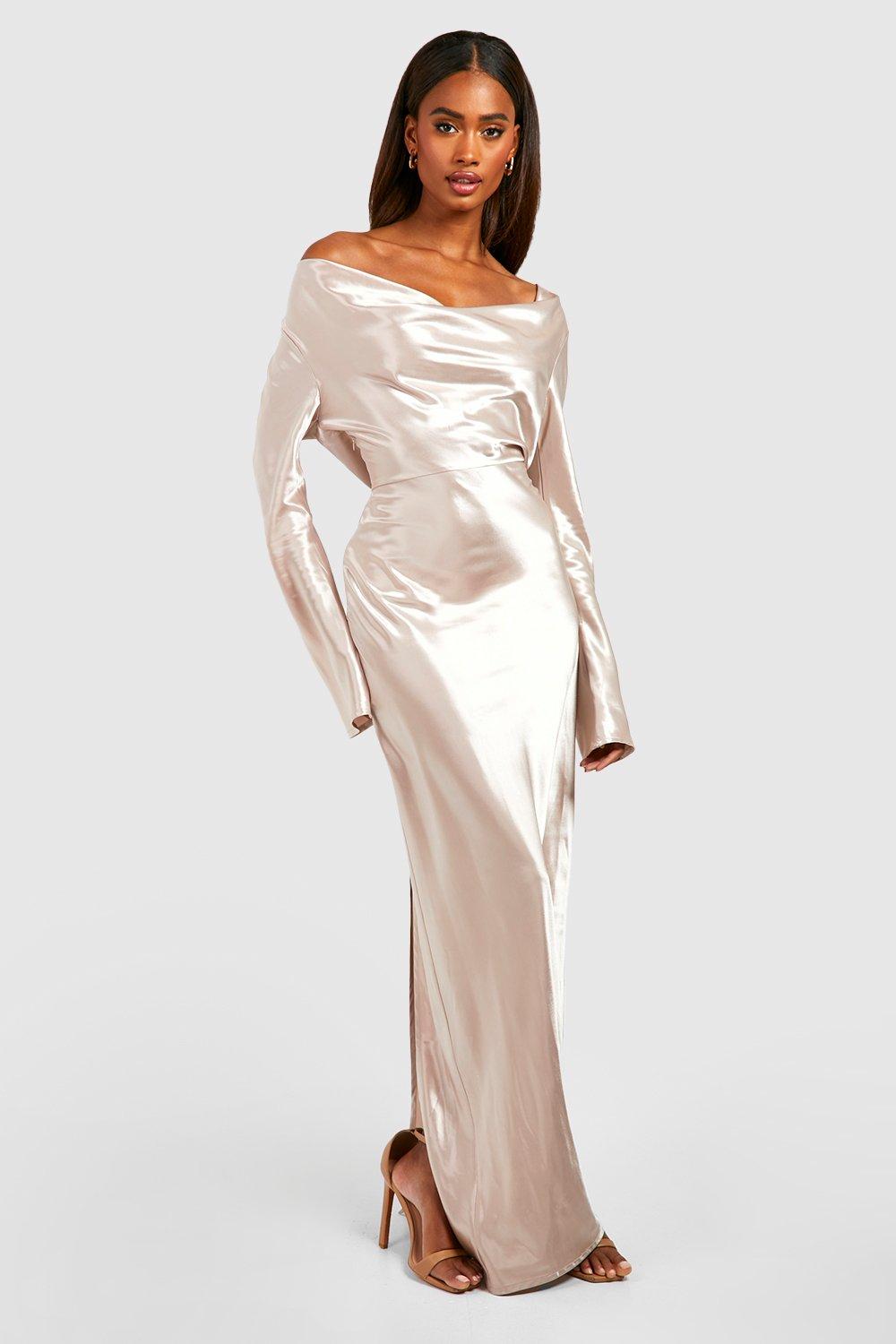 Bridesmaid Cowl Neck Long Sleeve Maxi Dress