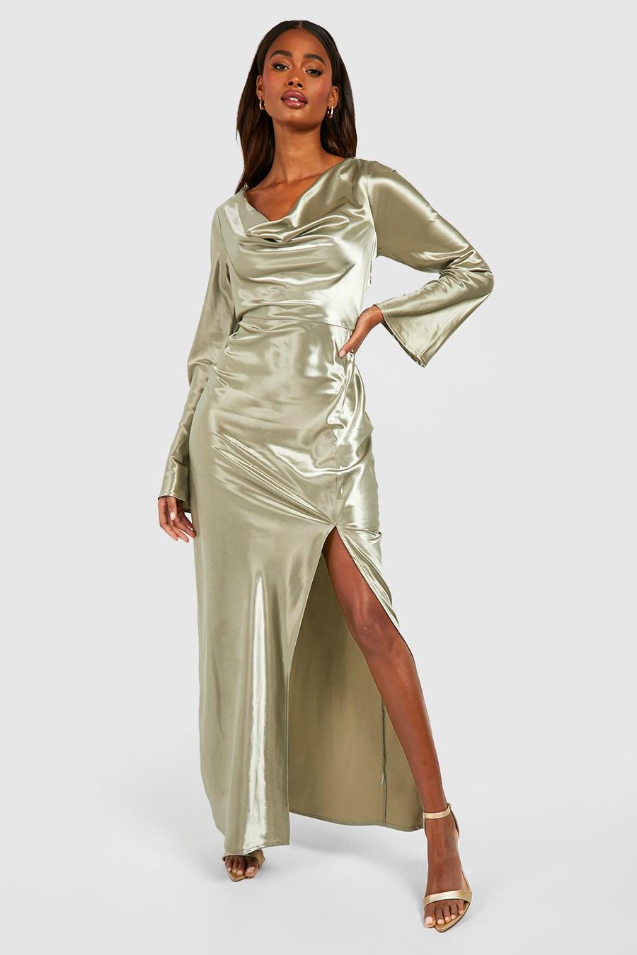 Sage Bridesmaid Cowl Neck Long Sleeve Maxi Dress