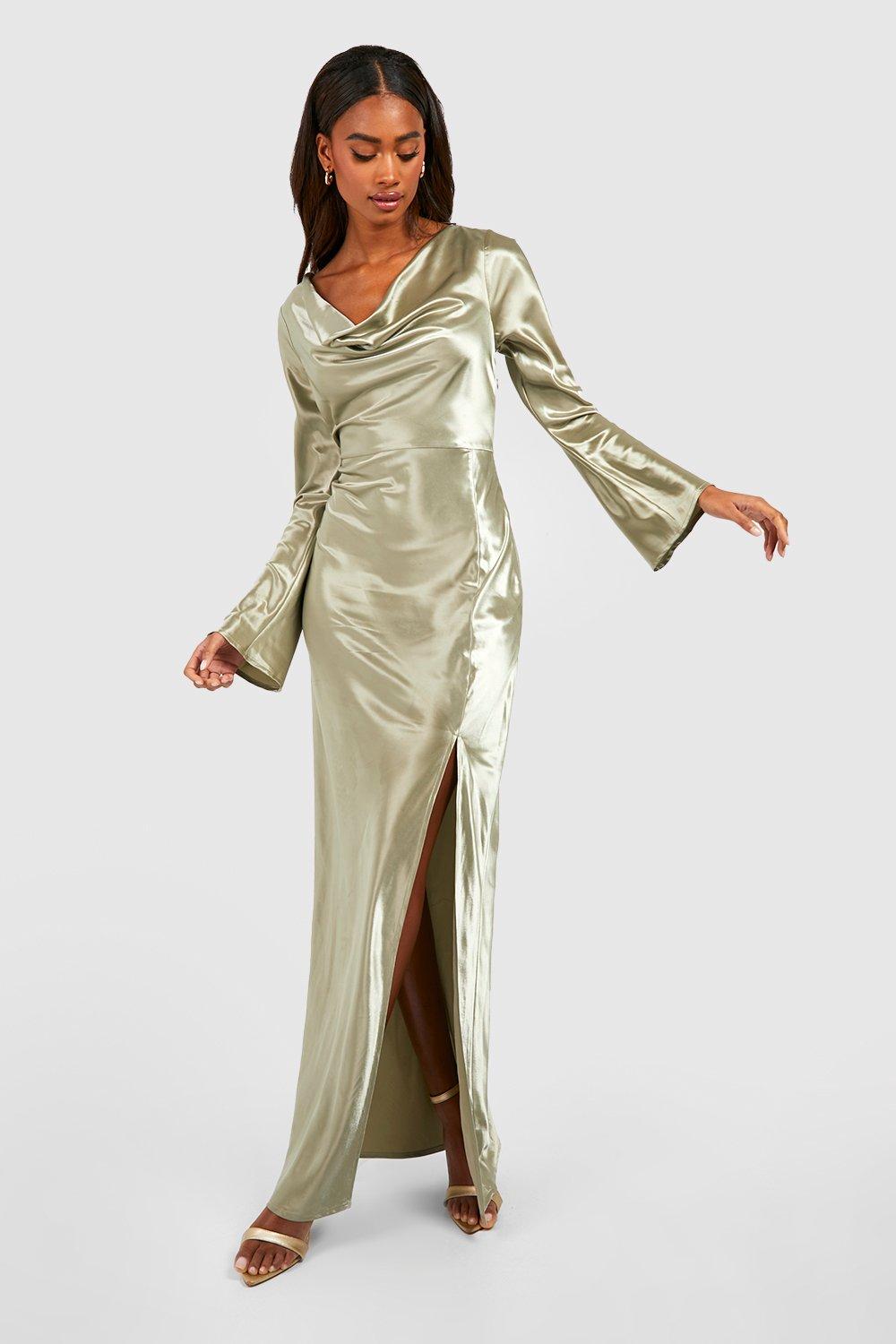 Bridesmaid Cowl Neck Long Sleeve Maxi Dress