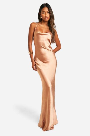 Bridesmaid Satin Cowl Neck Maxi Dress copper