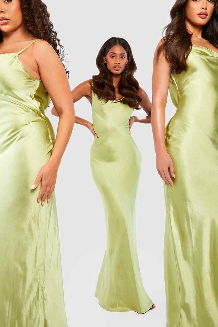 Sage green Långklänning i satin med draperad halsringning