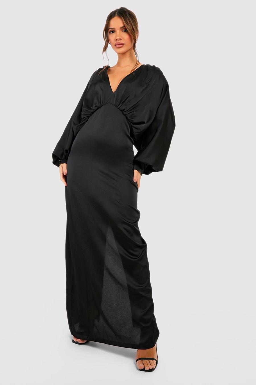 Black Satin Plunge Blouson Sleeve Maxi Dress image number 1