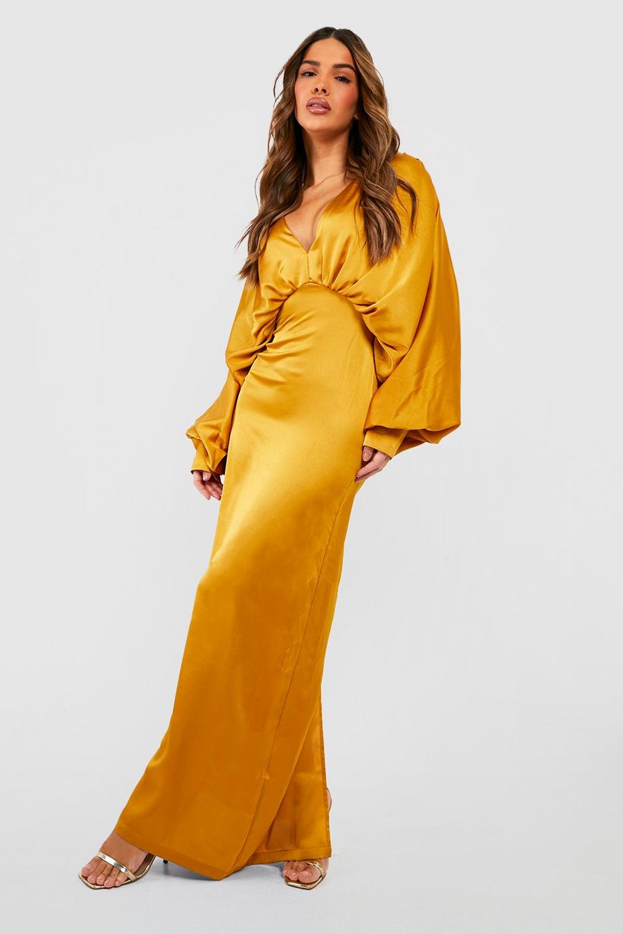 Mustard Satin Plunge Blouson Sleeve Maxi Dress image number 1