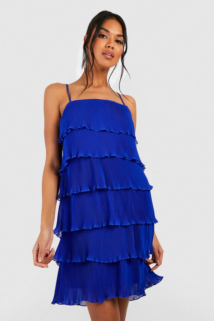 Cobalt Strappy Pleated Tiered Mini Dress image number 1