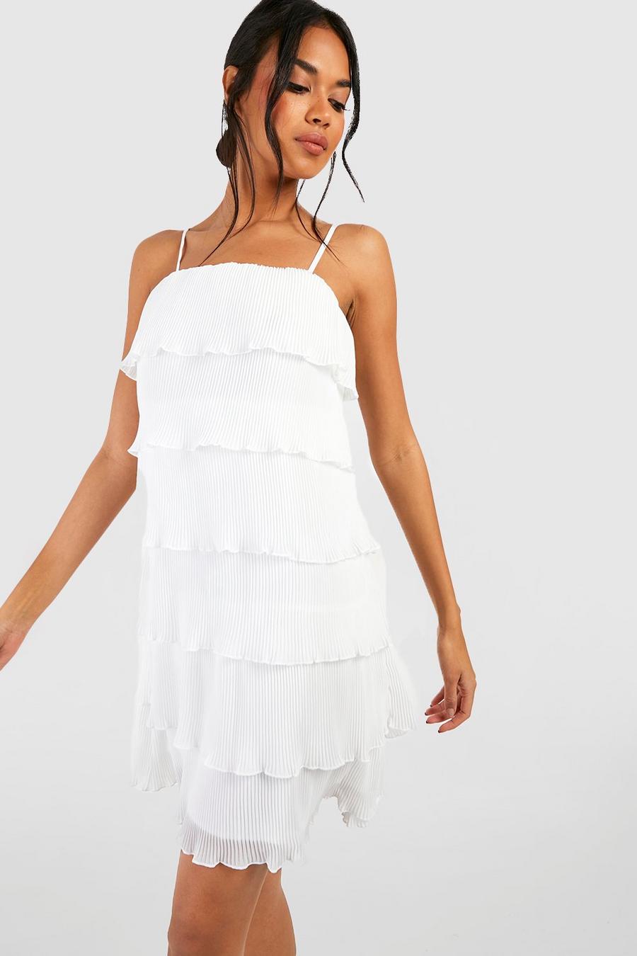 White Strappy Pleated Tiered Mini Dress image number 1