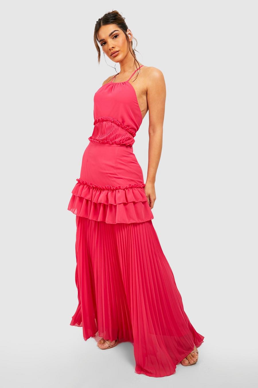 Pink Ruffle Detail Pleated Skirt Maxi Dress