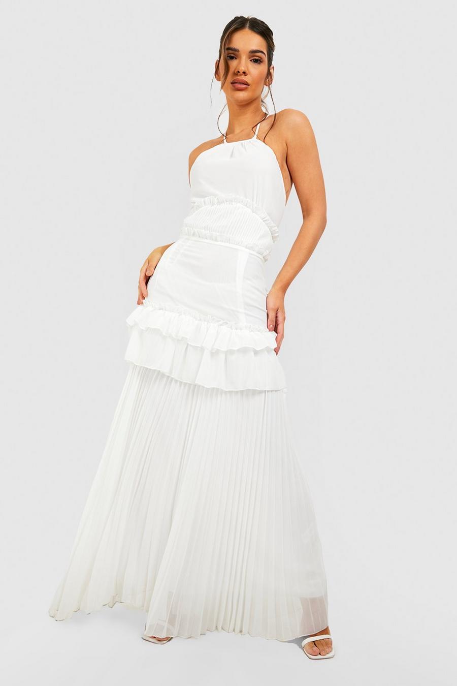 White Ruffle Detail Pleated Skirt Maxi Dress image number 1