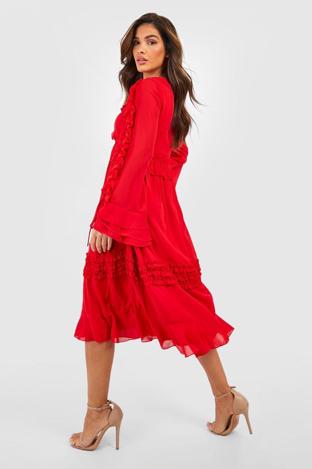 Boohoo red shop ruffle dress