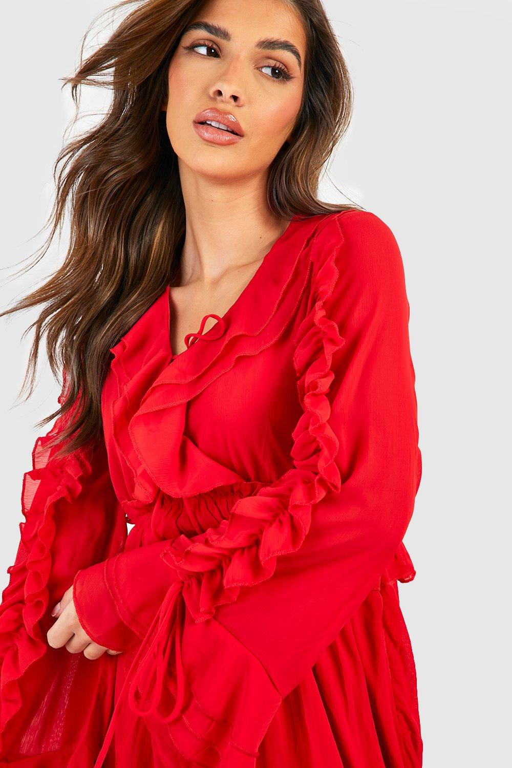 Boohoo red 2025 frill dress