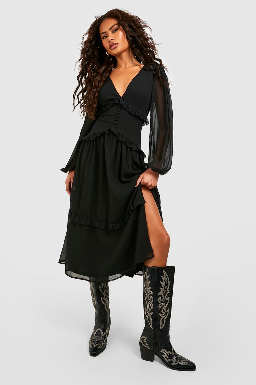 Black Ruffle Waist Detail Midi Dress image number 1