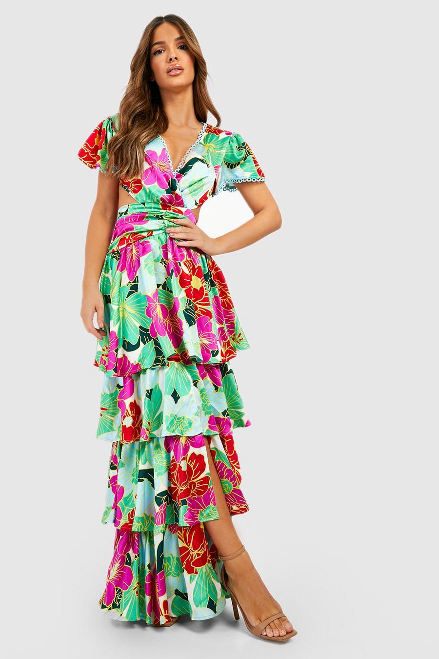 Green Printed Ruffle Tiered Cut Out Maxi Dress