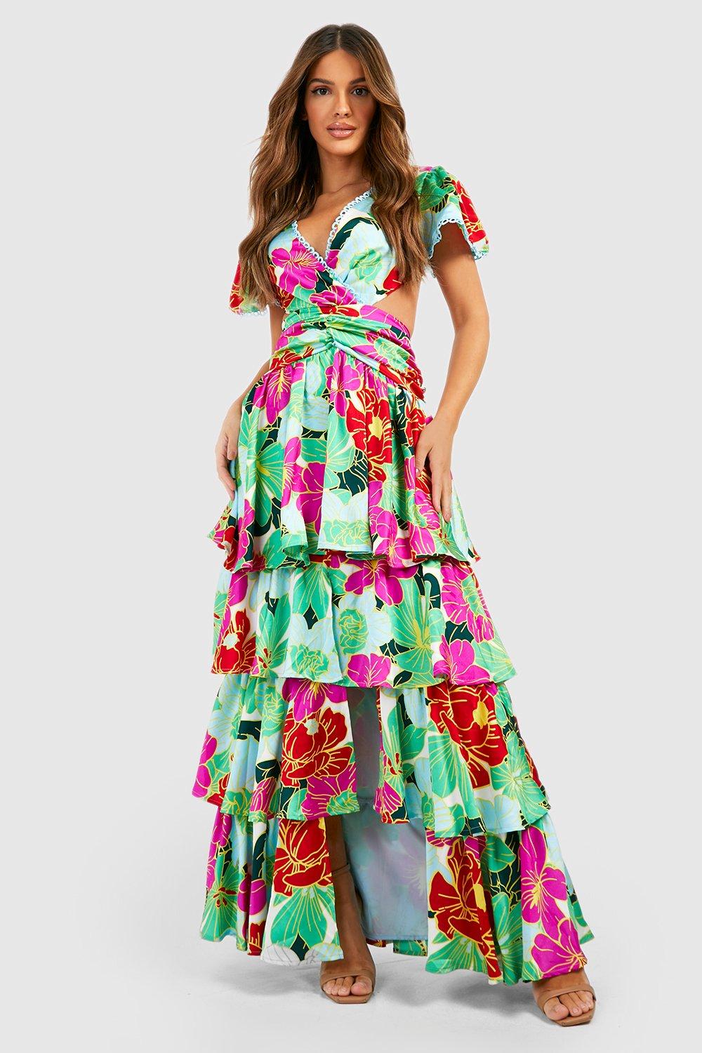 Printed Ruffle Tiered Cut Out Maxi Dress