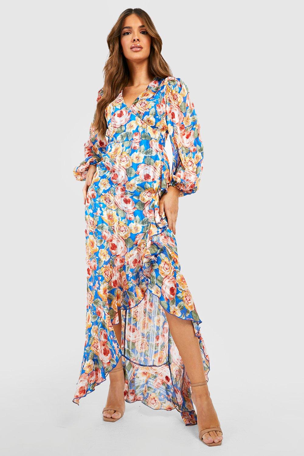 Long sleeve blue hot sale floral maxi dress