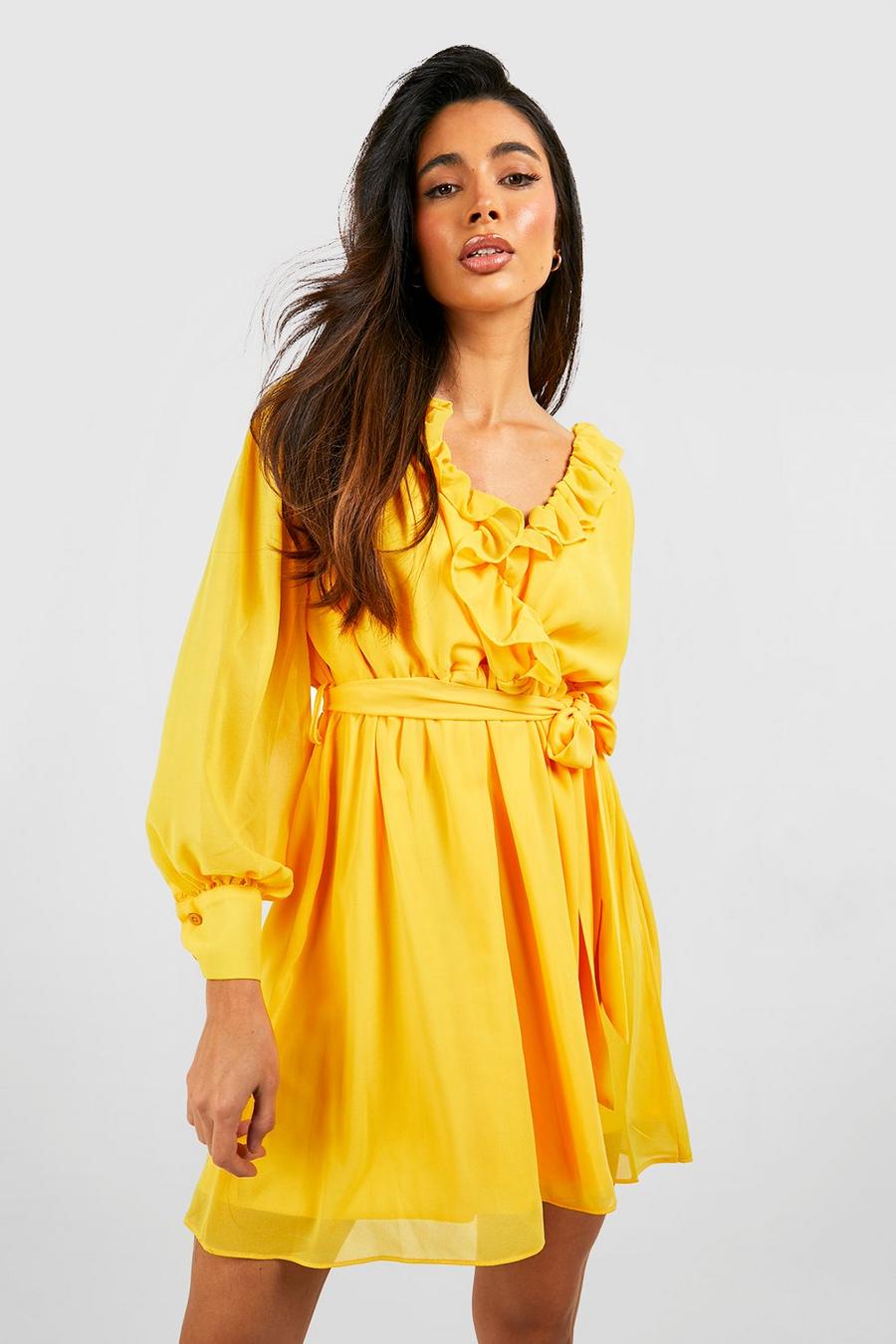 Yellow Frill Detail Belted Skater Dress image number 1