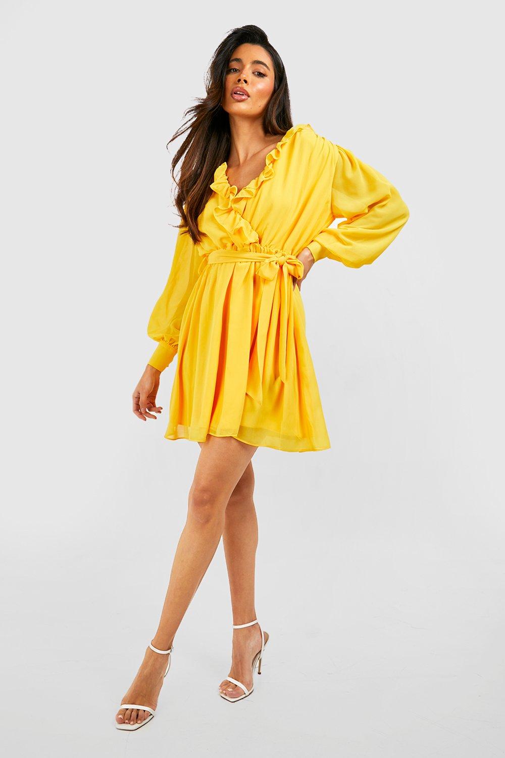 Boohoo yellow skater dress hotsell