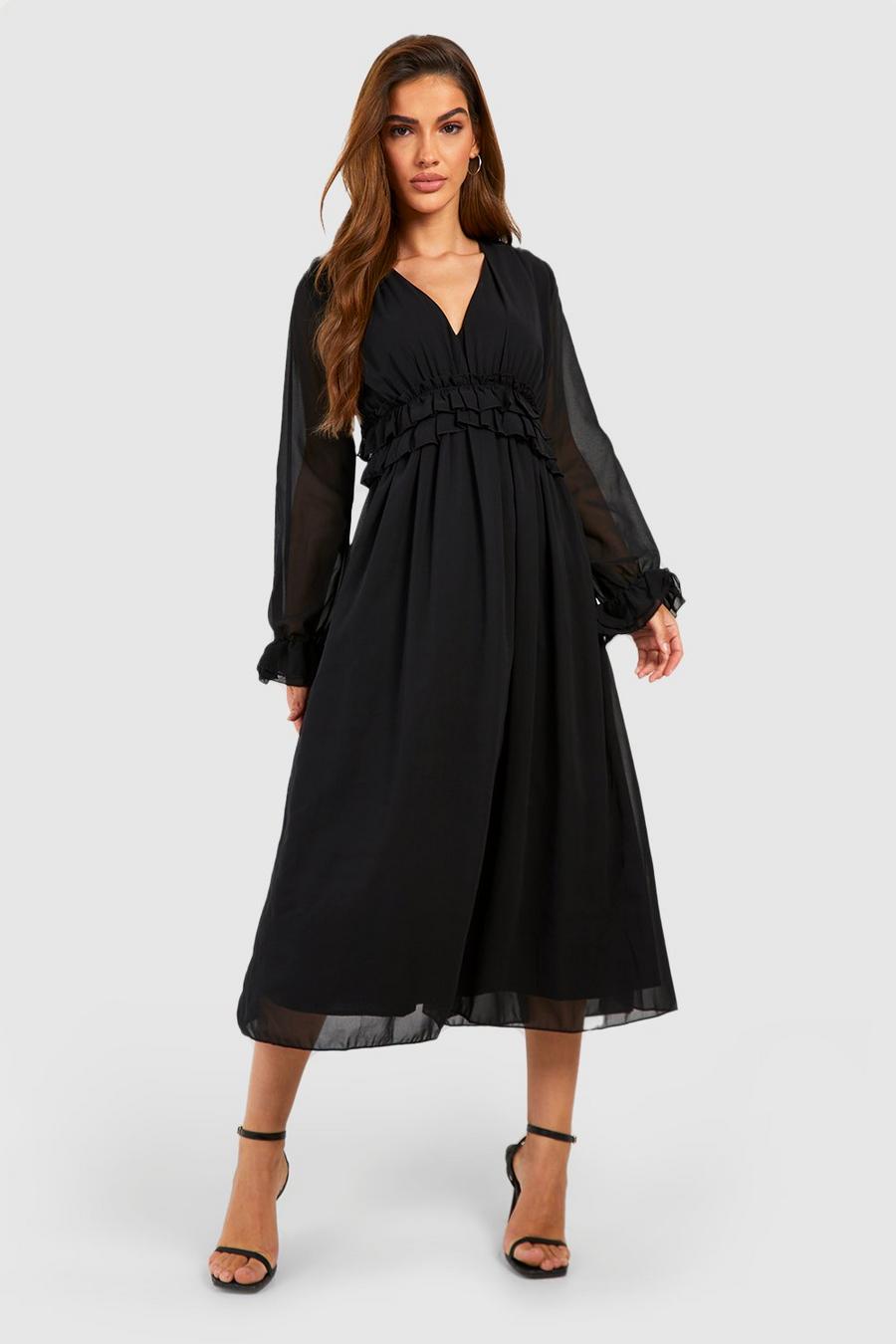 Vestito longuette morbido con arricciature e scollo a V, Black image number 1