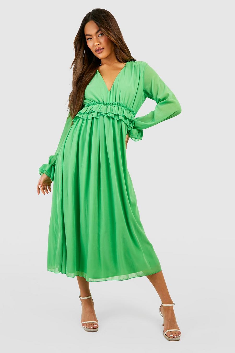 Bright green V Neck Floaty Ruffle Midi Dress image number 1