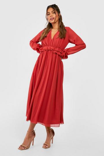 V Neck Floaty Ruffle Midi Dress cinnamon