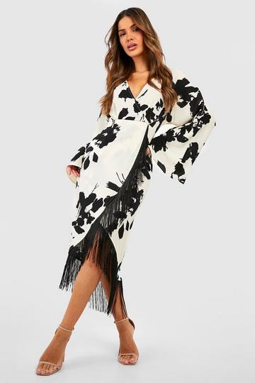 Floral Print Tassel Hem Wrap Midi Dress cream