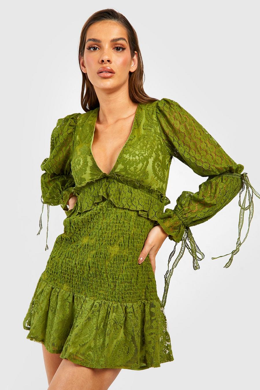 Olive green Lace Shirred Ruffle Skater Dress