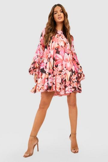 Floral Print Flared Sleeve Smock Dress pink