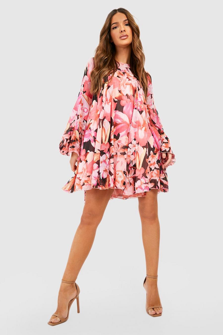 Pink Floral Print Flared Sleeve Smock Dress