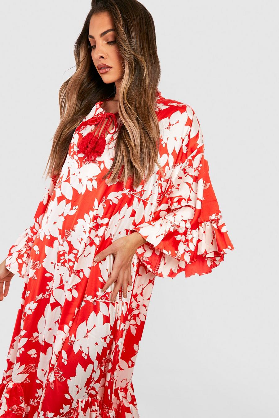 Red Floral Print Ruffle Detail Maxi Dress