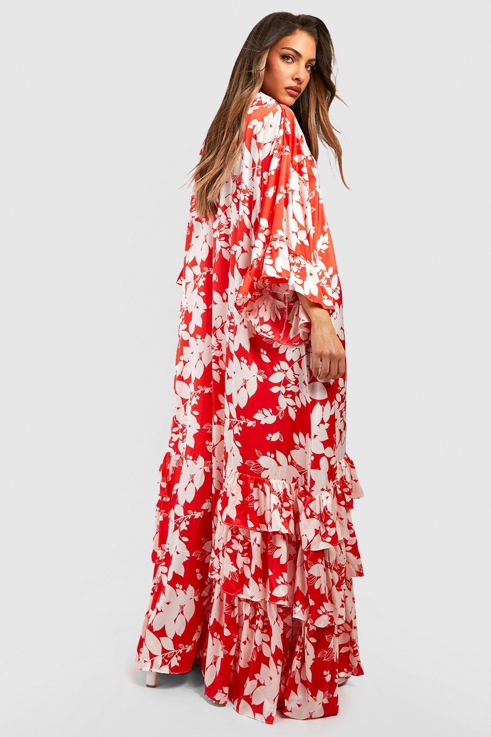 Red floral long sales dress