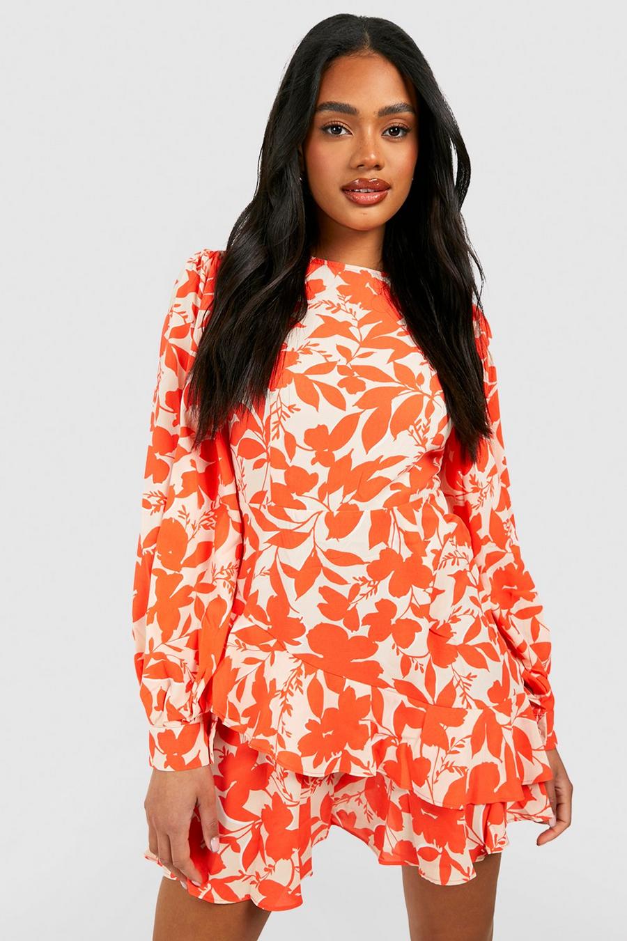 Florales Skater-Kleid mit Rüschen, Orange image number 1
