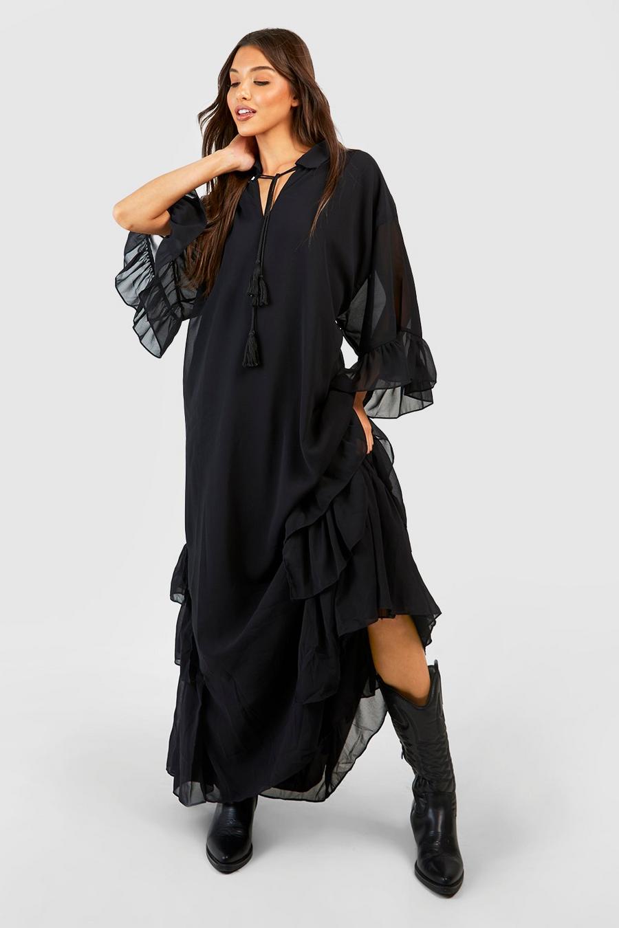 Black svart Ruffle Detail Smock Maxi Dress
