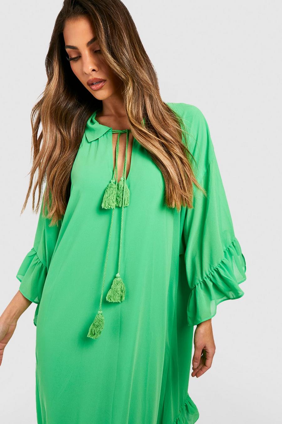 Bright green grön Ruffle Detail Smock Maxi Dress