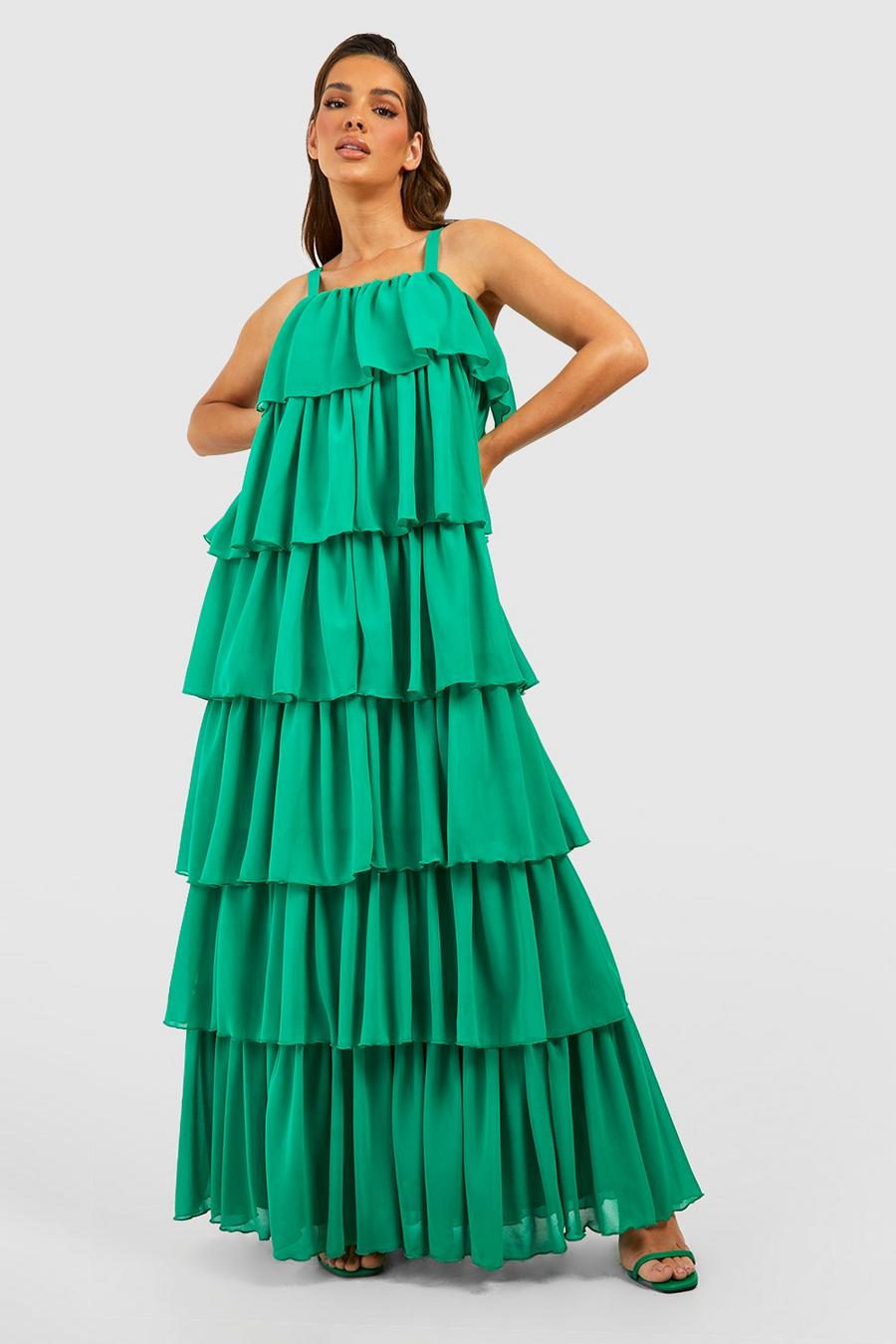 Green Tiered Chiffon Ruffle Maxi Dress image number 1