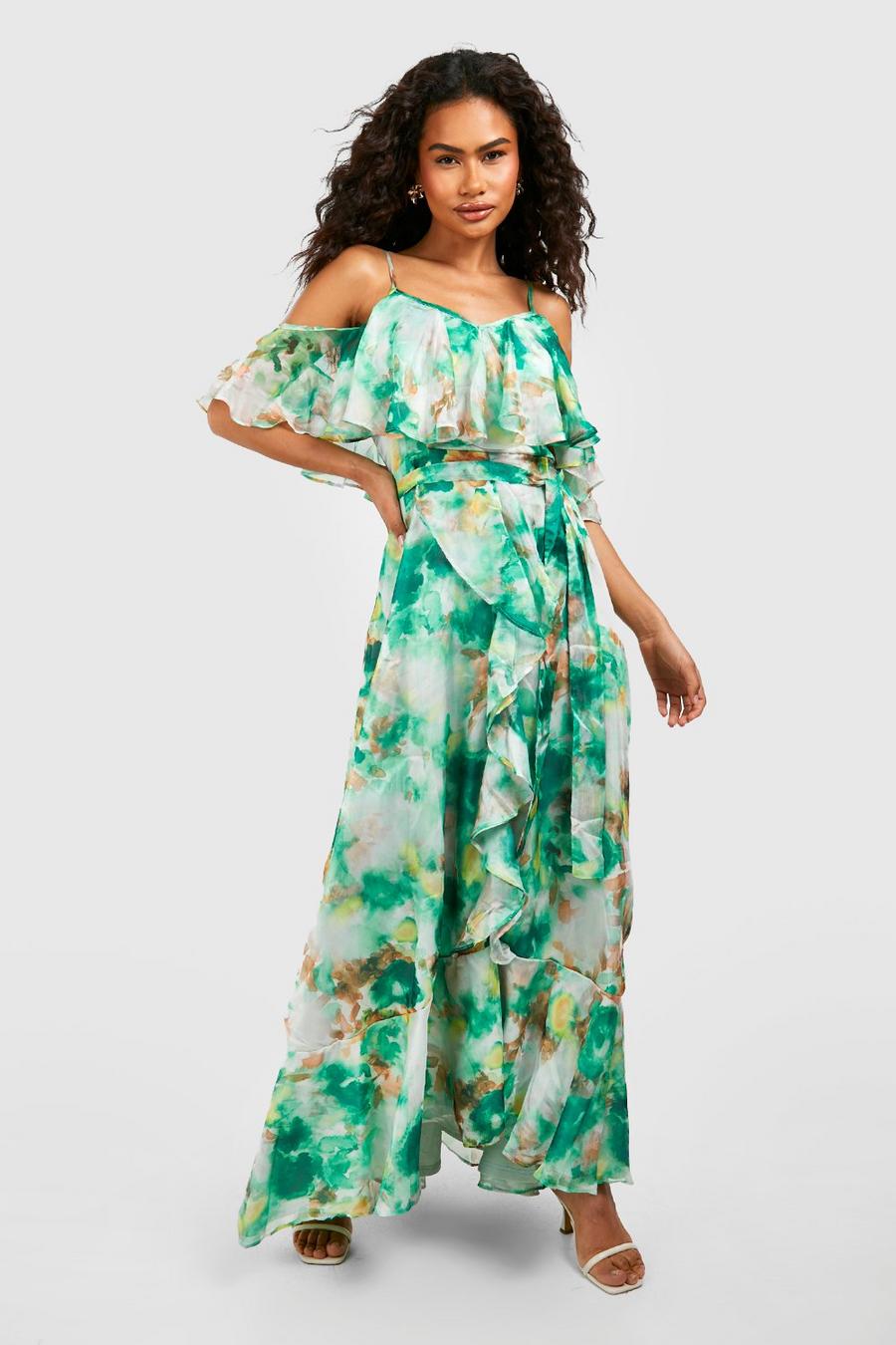 Green Floral Print Double Layer Maxi Dress