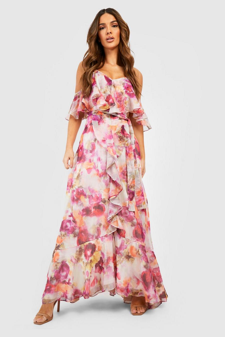 Pink Floral Print Double Layer Maxi Dress