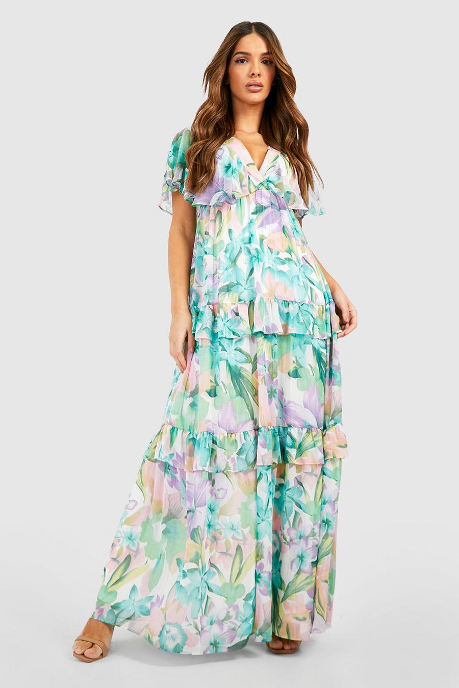 Green Floral Print Angel Sleeve Maxi Dress image number 1