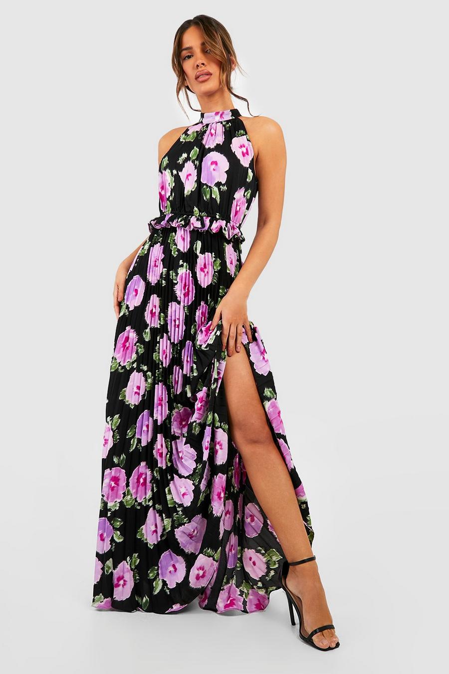 Black Floral Print Pleated High Neck Maxi Dress