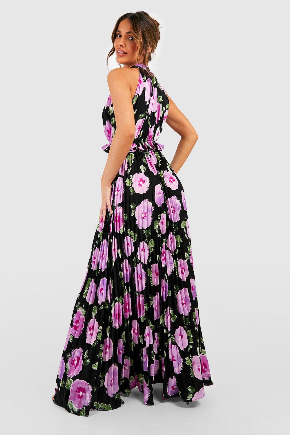 Floral Print Pleated High Neck Maxi Dress