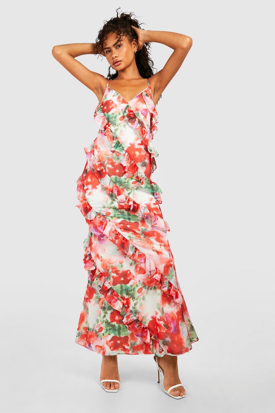 Pink Floral Print Ruffle Detail Maxi Dress image number 1