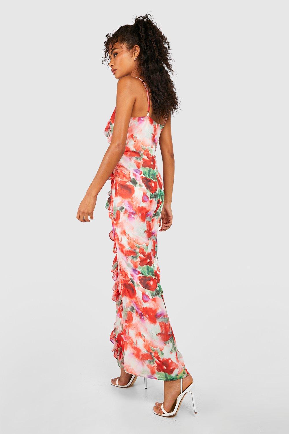 Lipsy amy print ruffle 2025 cross back maxi dress