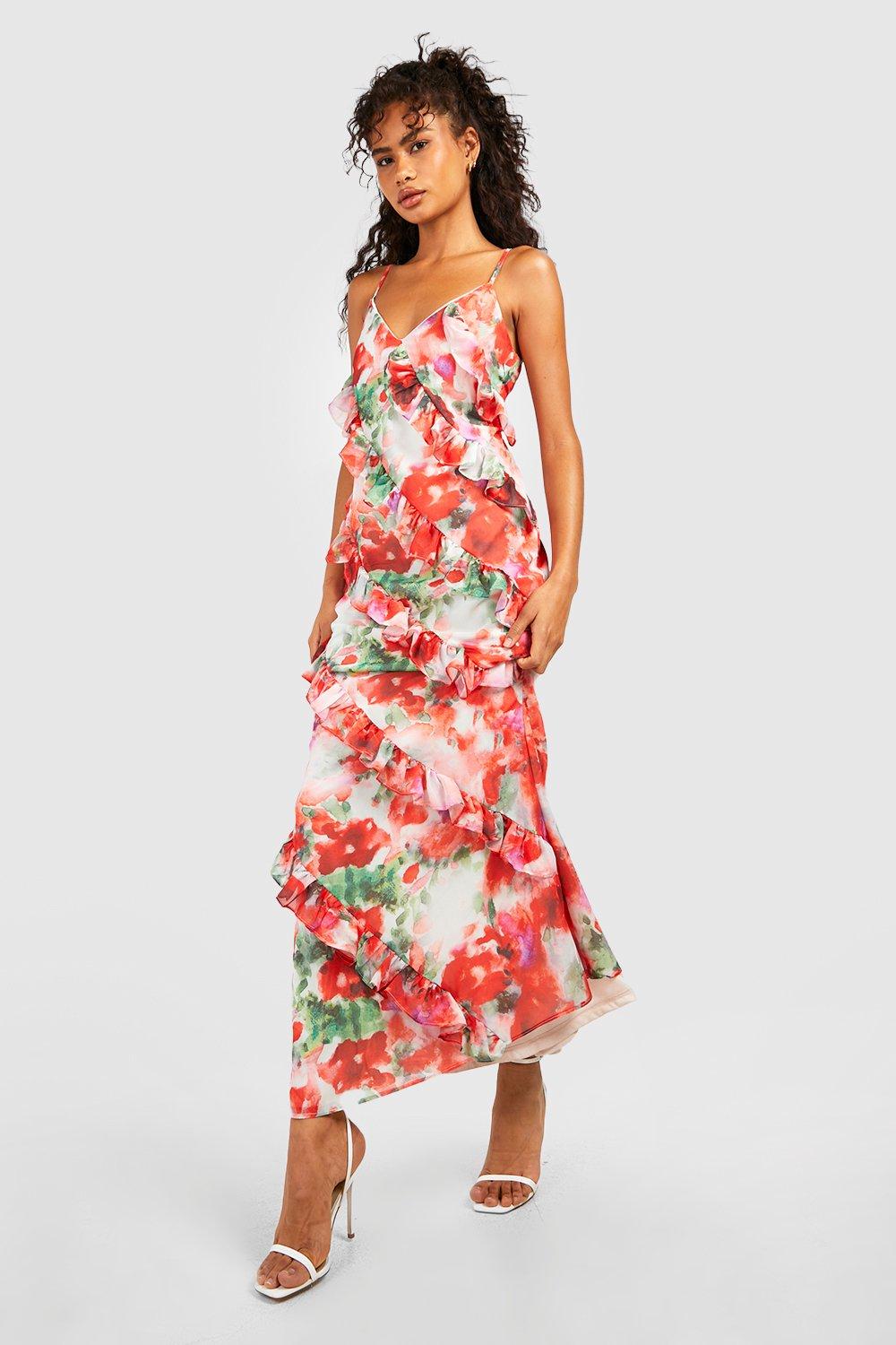 Floral Print Ruffle Detail Maxi Dress | boohoo